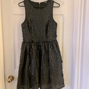 Black party dress, vegan leather floral cutout pattern. Buffalo David Bitton.